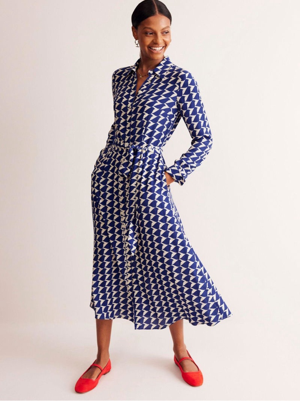 Boden Kate Pleated Shirt Dress Blue White Geo Long Sleeve Midi Belted Modcore 8